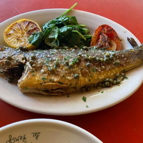 BRANZINO. Mediterranean sea bass, spinach, tomato, lemon